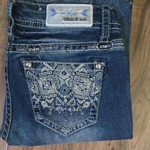 Grace in LA Blue Embroidered Bootcut Jeans